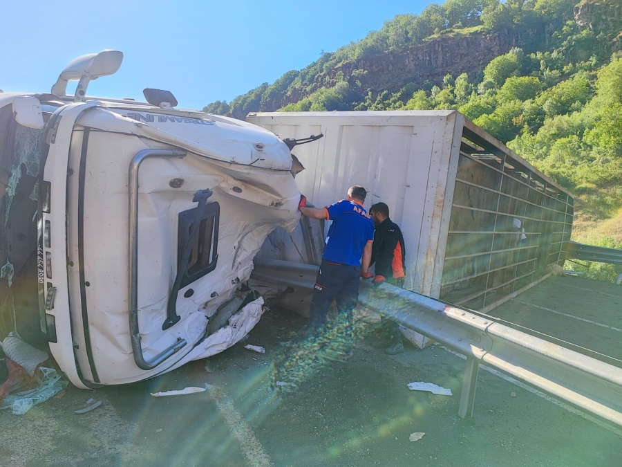 Hayvan yüklü tır devrildi: 1 ölü, 1 yaralı