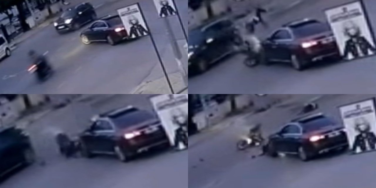 Otomobile çarpan motosikletli takla atıp yere düştü: O anlar kamerada