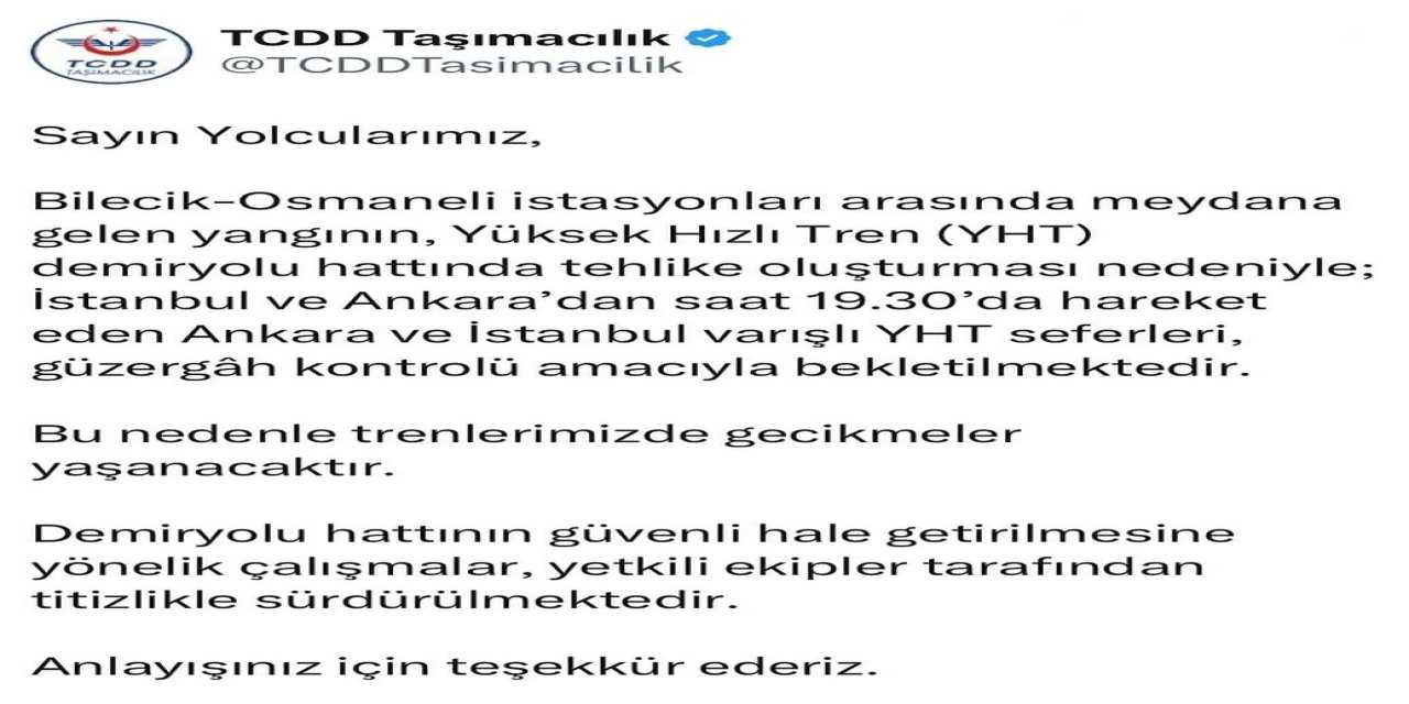 Bilecik'teki Orman Yangını Hızlı Tren Seferlerini Aksattı