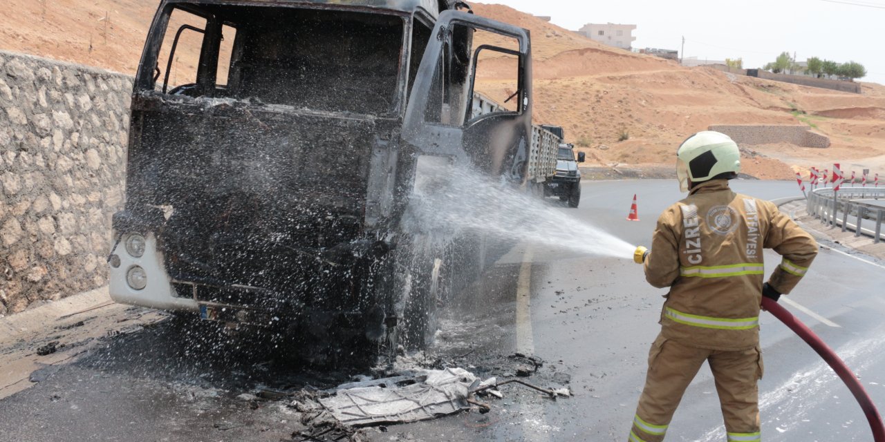 Cizre’de seyir halindeki TIR alevlere teslim oldu