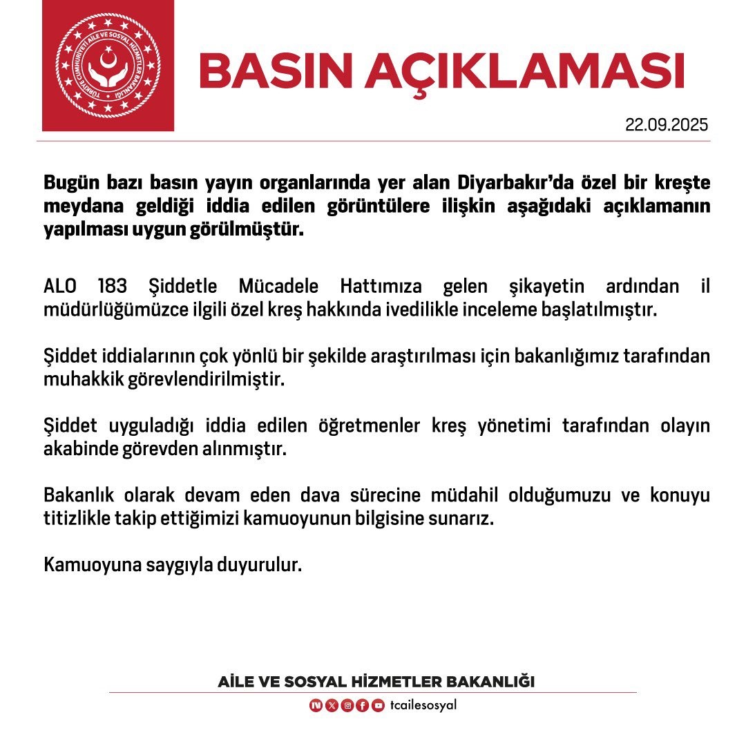 Aile ve Sosyal Hizmetler Bakanlığı'ndan Diyarbakır'daki özel kreş hakkında inceleme