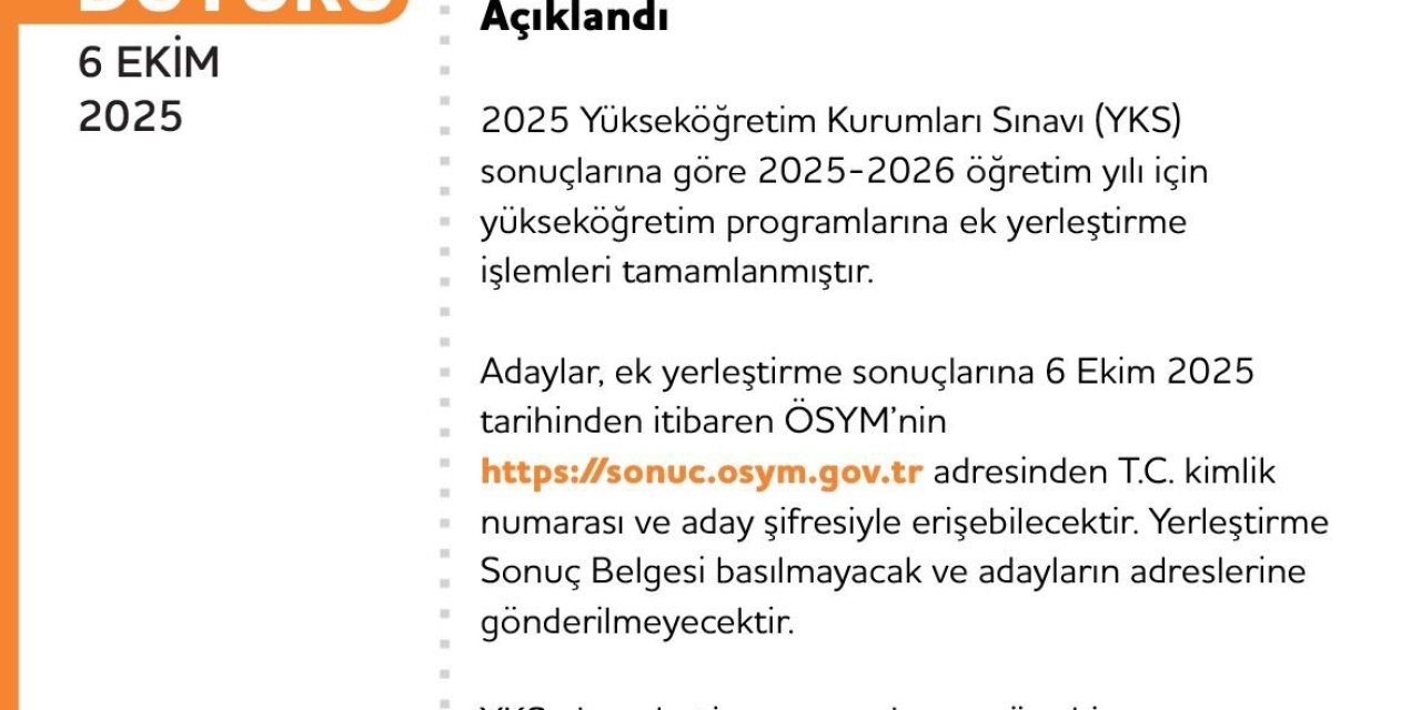 2025 YKS ek yerleştirme sonuçları açıklandı