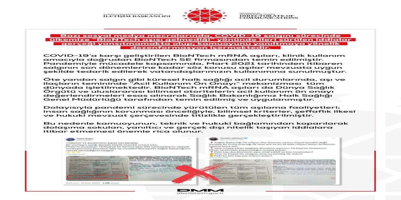DMM'den "Türkiye’ye BioNTech aşısı gelmedi" iddialarına yalanlama