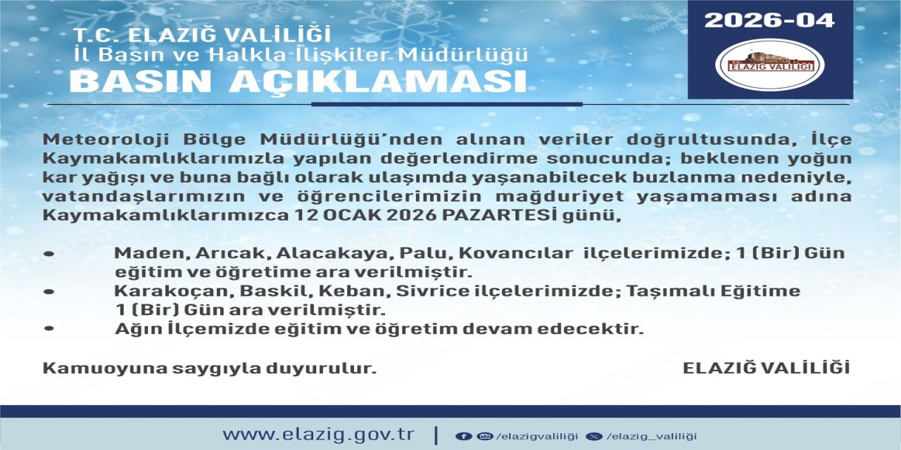 Elazığ’da 5 ilçede eğitim-öğretime ara verildi