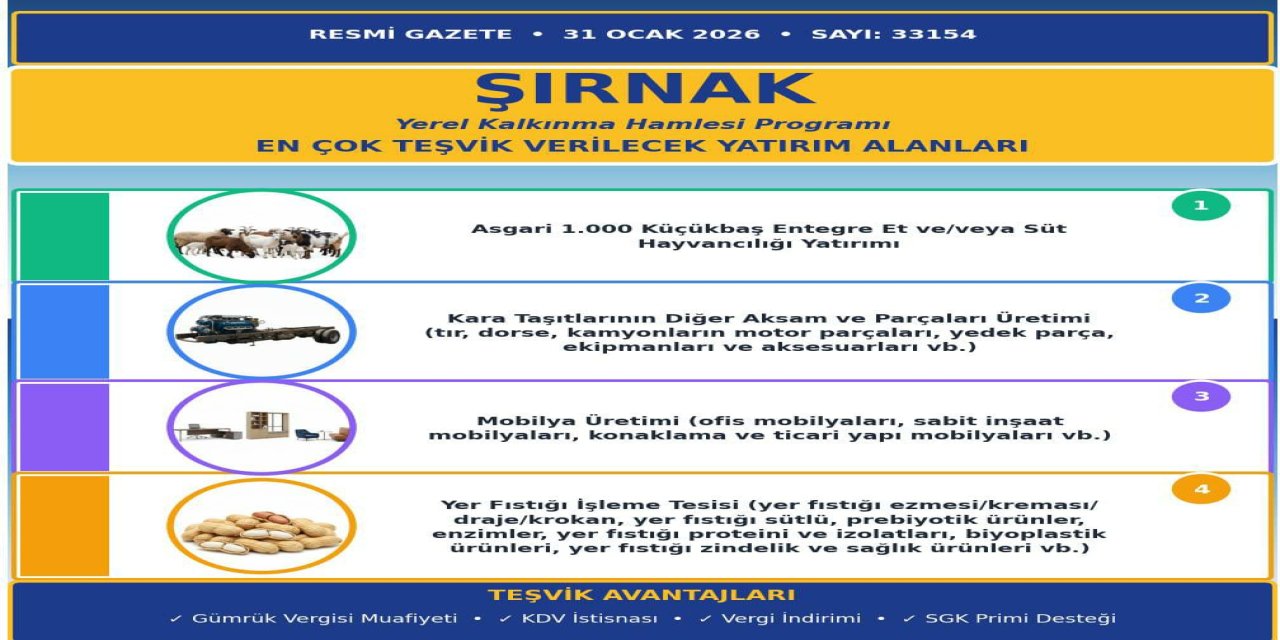 Resmi Gazete’de Yayımlandı: Şırnak’a 4 Stratejik Yatırım Alanında Büyük Teşvik
