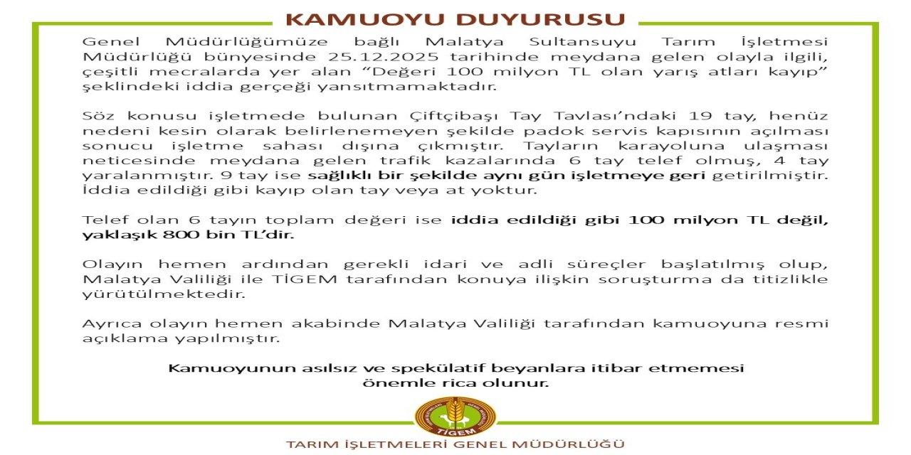 TİGEM'den 'değeri 100 milyon lira olan yarış atları kayıp' iddialarına yalanlama