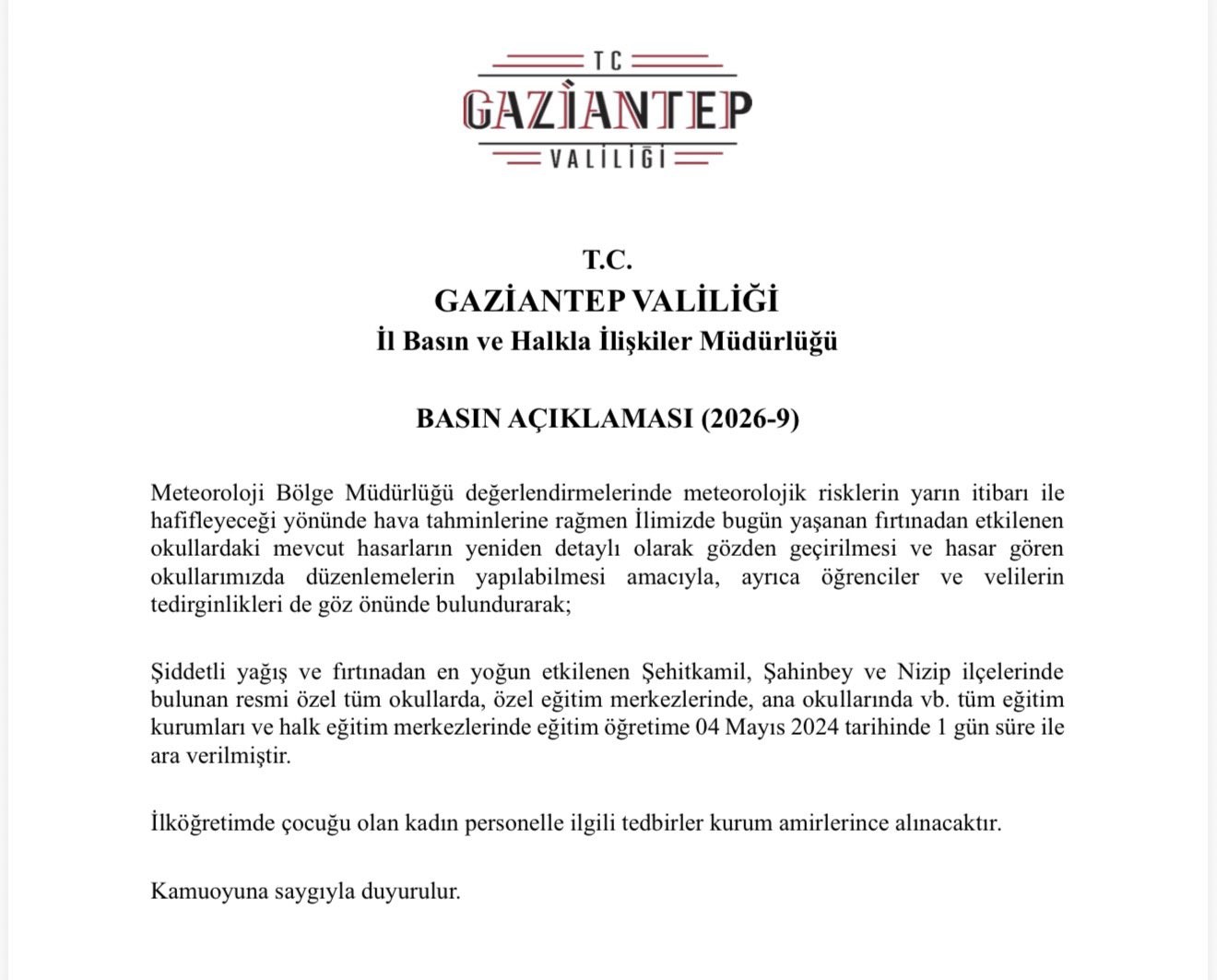 Gaziantep'te fırtına sonrası okullar tatil edildi