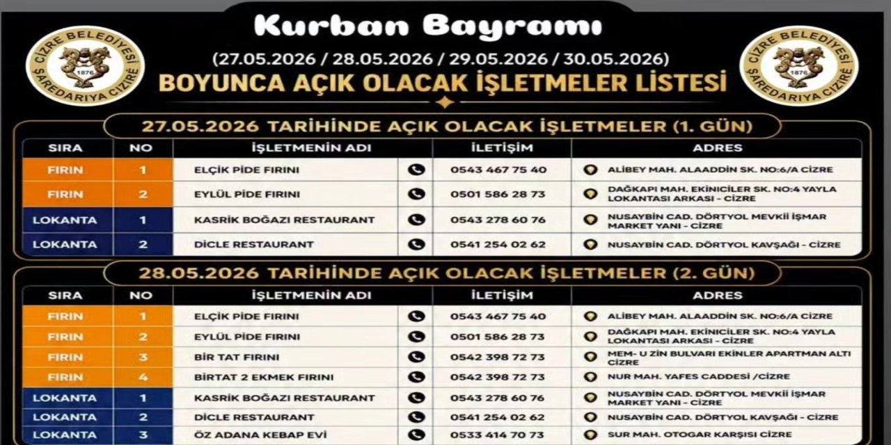 Cizre'de Bayram Günlerinde Açık Olacak İşletmeler ve Hizmet Noktaları