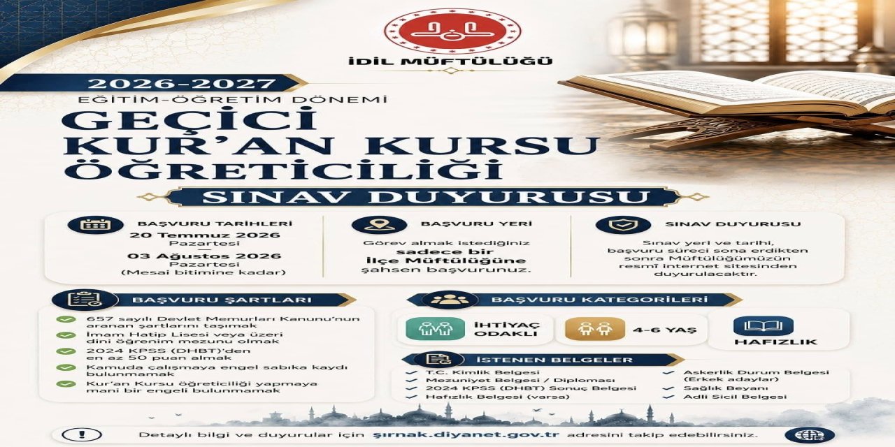 Şırnak’ta Geçici Kur’an Kursu Öğreticiliği Sınav Başvuruları Başlıyor