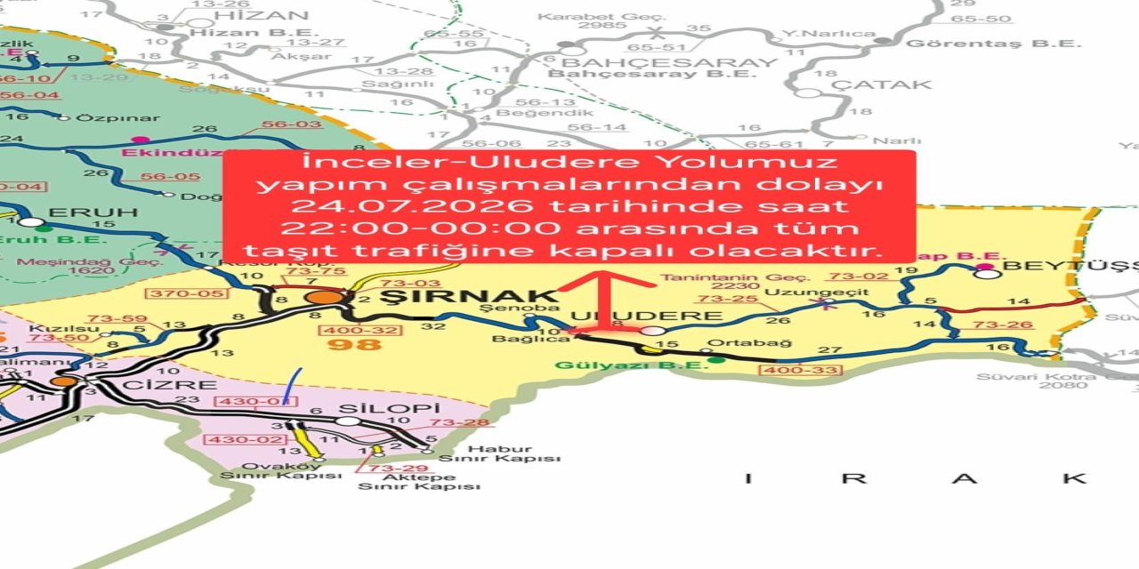 Şırnak'ta Yol Yapım Çalışması Nedeniyle Ulaşım Durdurulacak