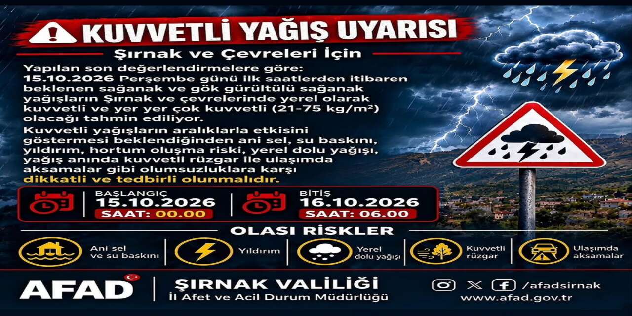 Şırnak ve Çevreleri İçin Kuvvetli Yağış Uyarısı! Sel ve Su Baskını Riskine Dikkat