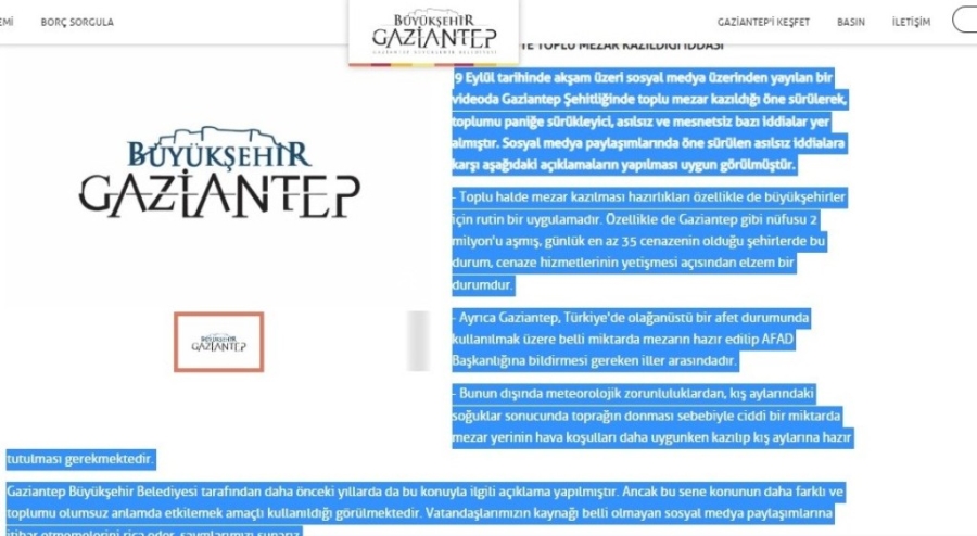 Gaziantep'te toplu mezar kazılıyor iddiasına yalanlama  