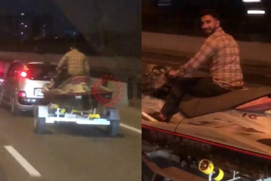 Tuzla'da ilginç görüntü: Denizde değil otoyolda jet ski ile yolculuk etti