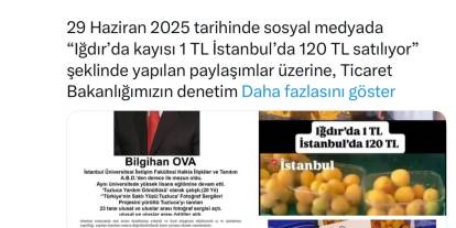 'Iğdır'da kayısı 1 TL, İstanbul'da 120 TL' paylaşımına "gerçek dışı bilgi yaymaktan" 1 milyon 400 bin TL idari para cezası