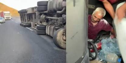 Devrilen tırda sıkışan sürücü vatandaşlar tarafından kurtarıldı
