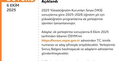 2025 YKS ek yerleştirme sonuçları açıklandı
