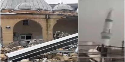 Fırtınada minarenin yıkılma anı kamerada