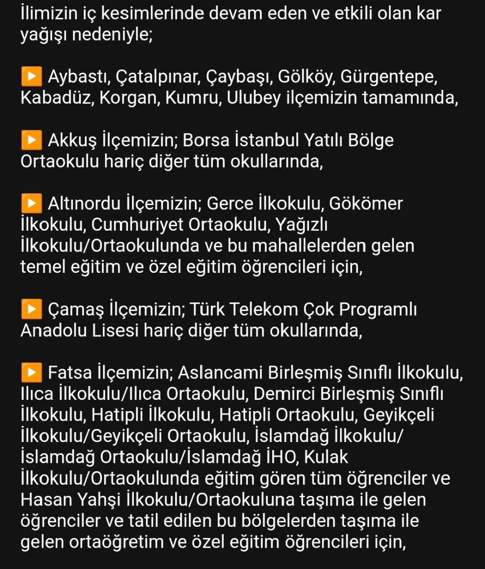 Ordu’nun 17 ilçesinde eğitime kar engeli