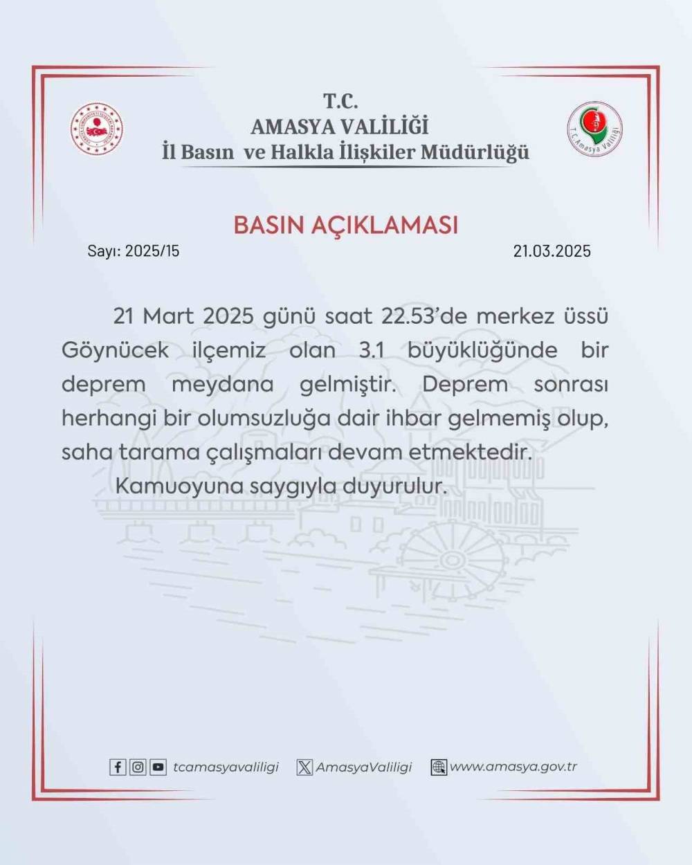 Amasya’da 3.1 büyüklüğünde deprem